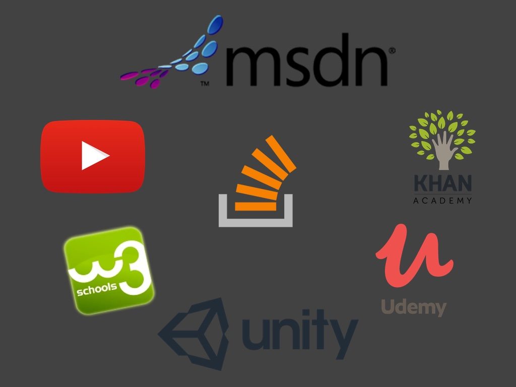 Logos of various websites to find help and learn programming.
