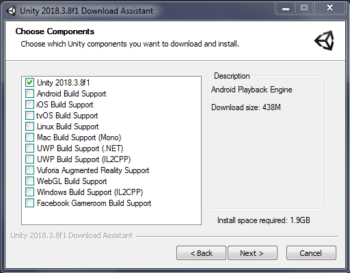 Choose Unity components in the download assistant