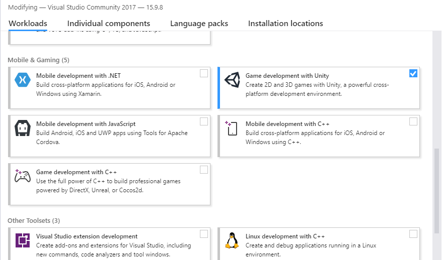 Visual Studio workloads to include in installation